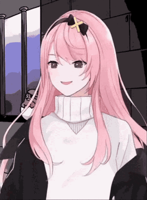 a girl with pink hair is wearing a turtleneck sweater and a headband with a cross on it .