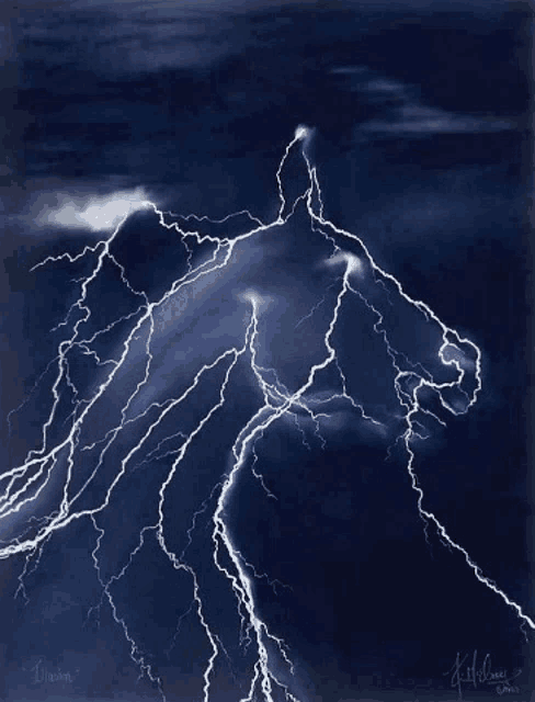 a painting of a horse being struck by lightning with the name illusion on the bottom right