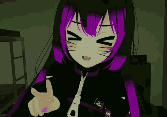 a girl with purple hair and a black jacket has a zipper around her neck