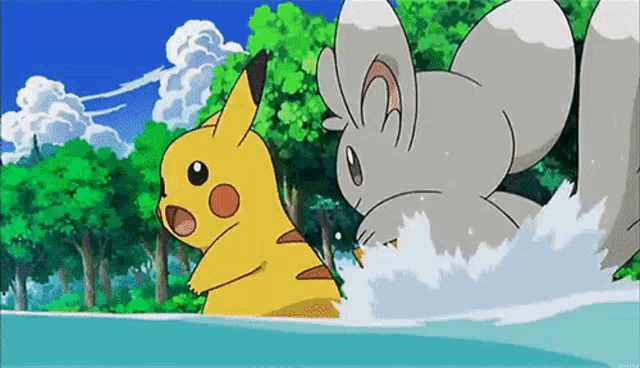 a pikachu and a chibichu are swimming in the water .