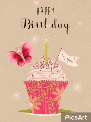 a birthday card with a cupcake with a candle and a butterfly