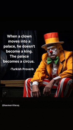 a clown is sitting on a bench with a quote from turkish proverb behind him