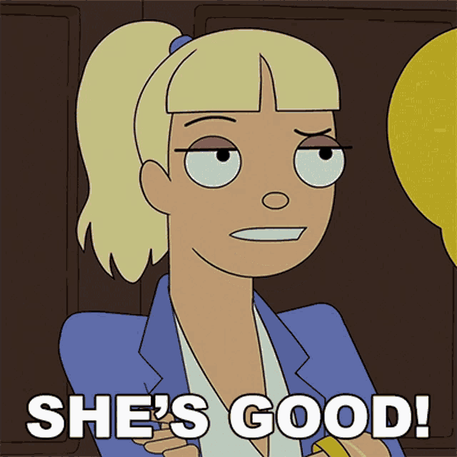 a cartoon woman says she 's good with a yellow balloon in the background