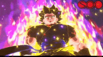 a cartoon character is standing in front of a purple and red fire .