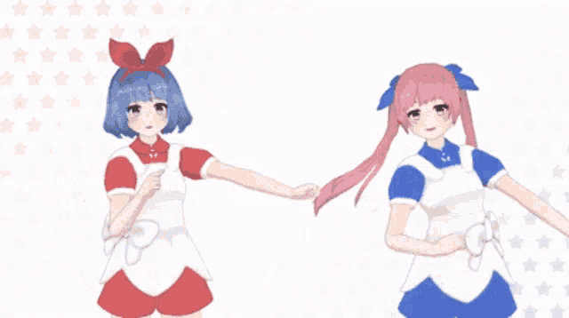 a blue haired girl and a pink haired girl are standing next to each other on a white background