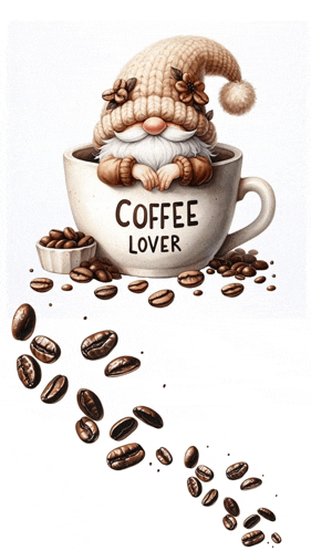 a gnome is sitting in a cup that says coffee lover on it