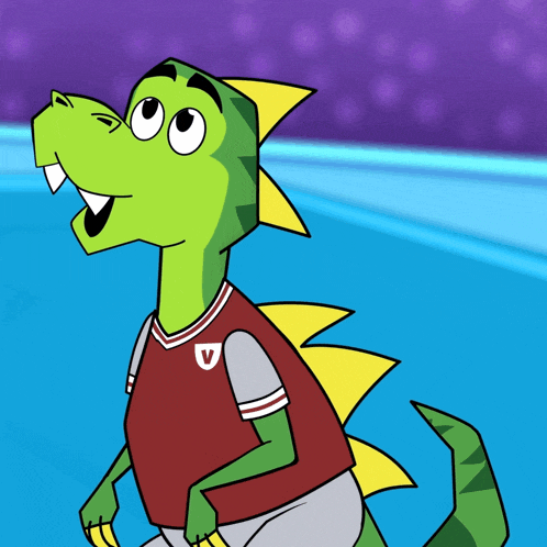 a cartoon drawing of a green dinosaur wearing a red and white shirt with the letter v on it