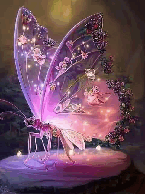 a painting of a butterfly with flowers and lights coming out of its wings