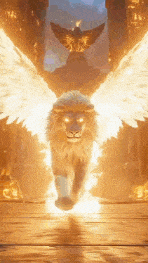 a lion with wings is running through a fire filled room with a statue in the background .