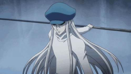 a man with long white hair and a blue hat is holding a stick
