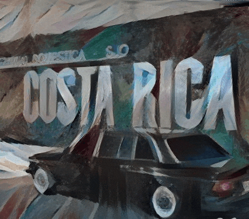 a painting of a car with costa rica written on the wall behind it