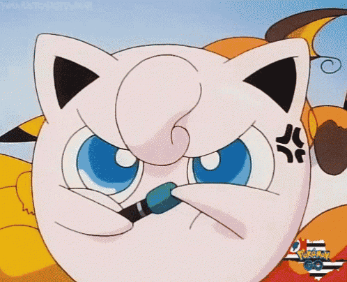 jigglypuff from pokemon is holding a microphone in its mouth and making a funny face .
