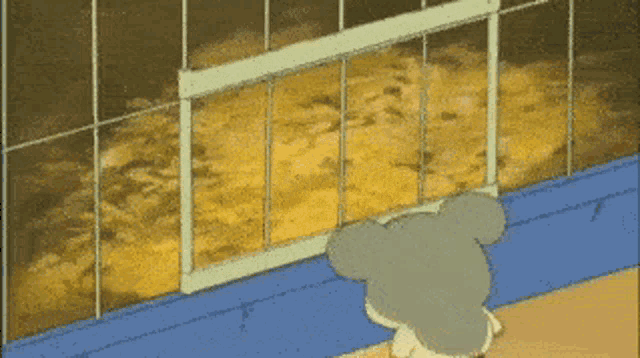 a cartoon mouse is looking out of a window at something