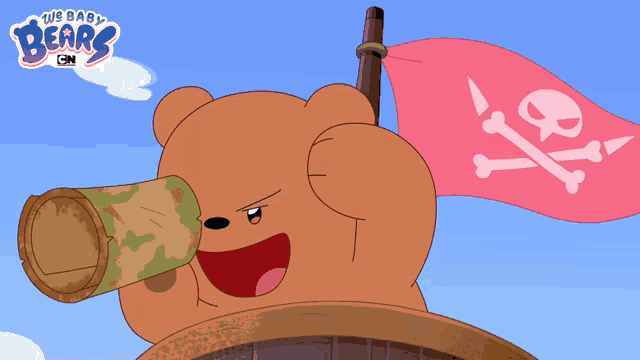 a cartoon of a bear holding a magnifying glass and a pirate flag with a skull and crossbones on it