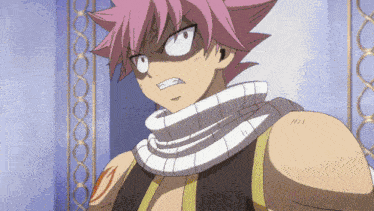 a cartoon character with pink hair and a scarf around his neck looks angry