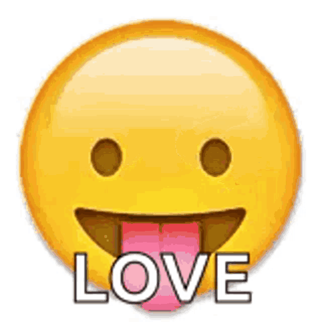 a smiley face with a pink tongue sticking out and the word love written below it .