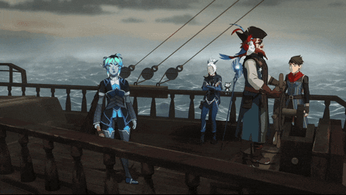a group of people are standing on a boat in the ocean