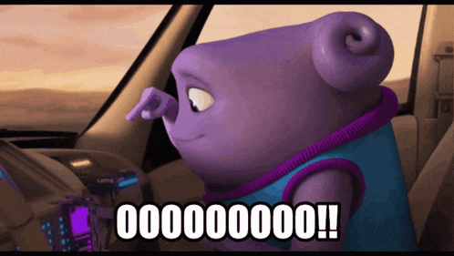 a purple cartoon character is sitting in a car with the words 000000 on the bottom
