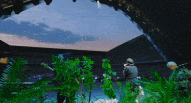 a man stands on a stage in a stadium surrounded by trees