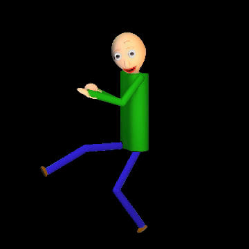 a cartoon character in a green shirt and blue pants is dancing .