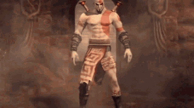 a video game character without a shirt is standing in front of a statue holding two swords .