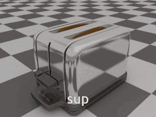 a silver toaster is on a checkered floor and the word sup is above it
