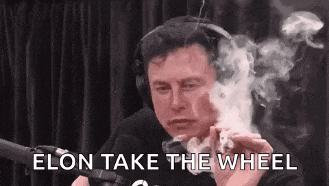 elon musk is smoking a cigarette in front of a microphone and says elon take the wheel .