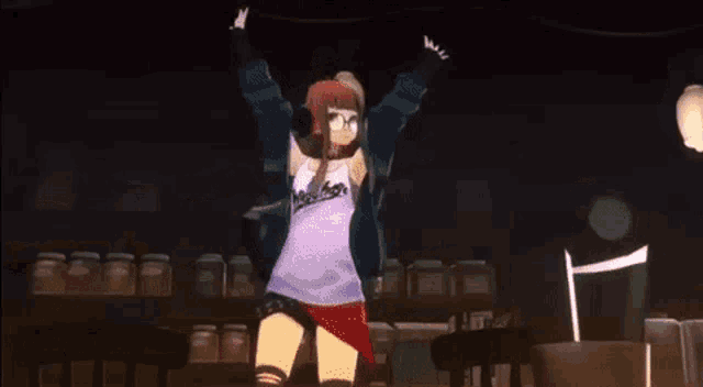 a girl wearing glasses and a tank top is sitting at a table in a video game .