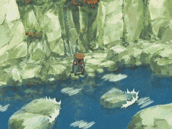 a pixelated drawing of a man in a hat standing in a river