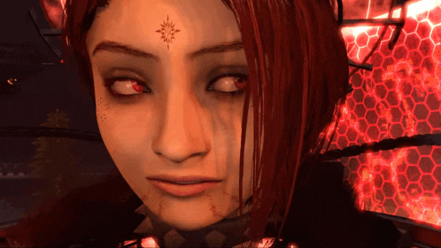 a close up of a woman 's face with red eyes