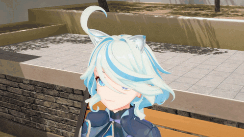 a cartoon character with white hair and cat ears is sitting on a bench