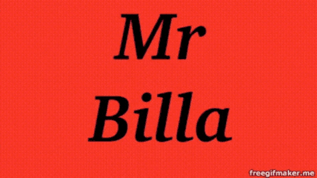 mr billa is written on a red and blue background