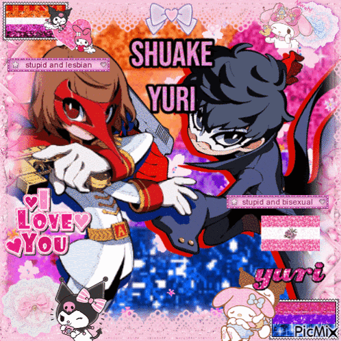 a couple of anime characters with the words shuake yuri