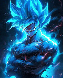 goku from dragon ball z is glowing in the dark with his arms crossed and blue hair .
