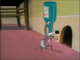 a cartoon mouse is carrying a bottle of water over his head .