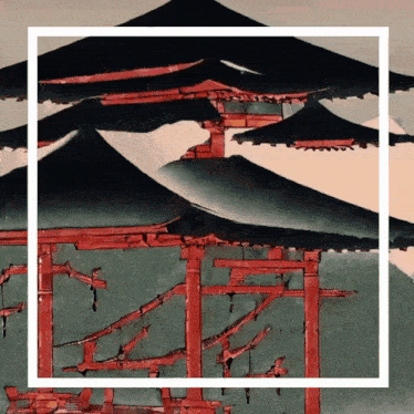a painting of a building with red roofs and a white frame
