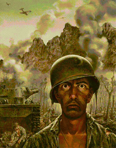 a painting of a soldier with a helmet on looking at something