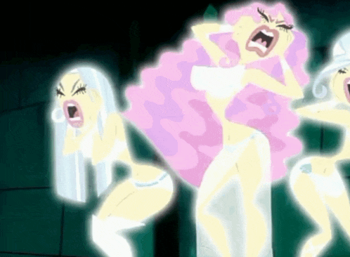 a cartoon of three women with pink hair and white underwear