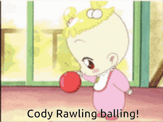 a baby in a pink outfit is holding a red ball and the words cody rawling balling are below it
