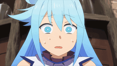 a close up of a blue haired anime character