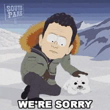 a cartoon character from south park is kneeling down next to a seal .