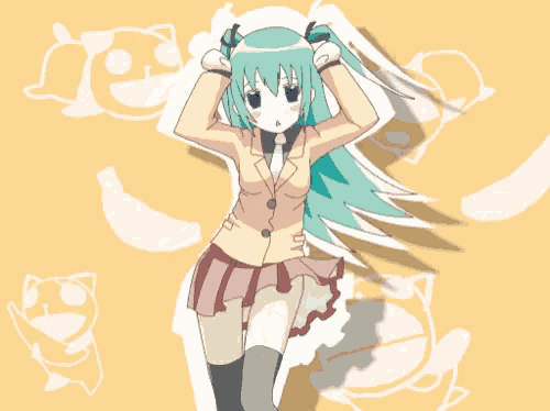 a girl with long green hair is dancing in front of a yellow background with cats