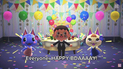 a video game character is standing in front of a table with balloons and confetti and says everyone happy bdaaay .