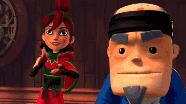a cartoon character with a red haired girl and a bald man