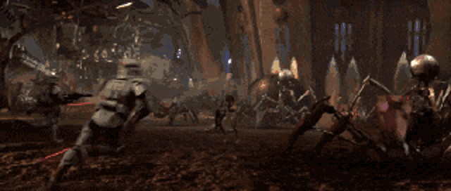 a group of soldiers are fighting each other in a dark room