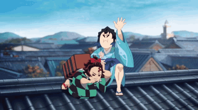 two cartoon characters are sitting on a roof and one is making a funny face