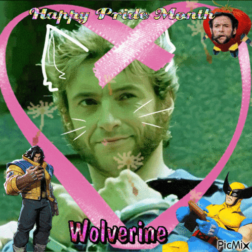 a picture of wolverine with a pink ribbon around his face