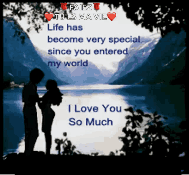 a picture of a man and woman standing next to a lake with the words " i love you so much " on the bottom
