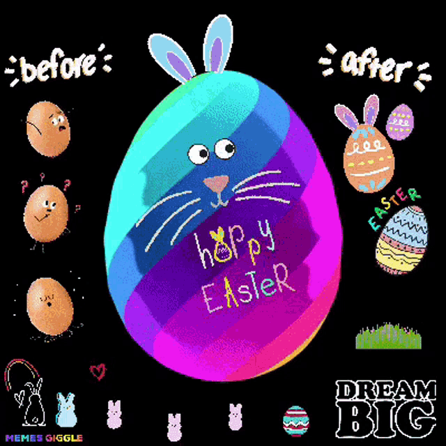 a colorful easter egg with bunny ears and the words happy easter on it