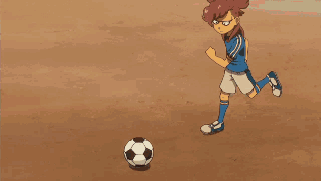 a cartoon character kicking a soccer ball with the letter s on his shirt